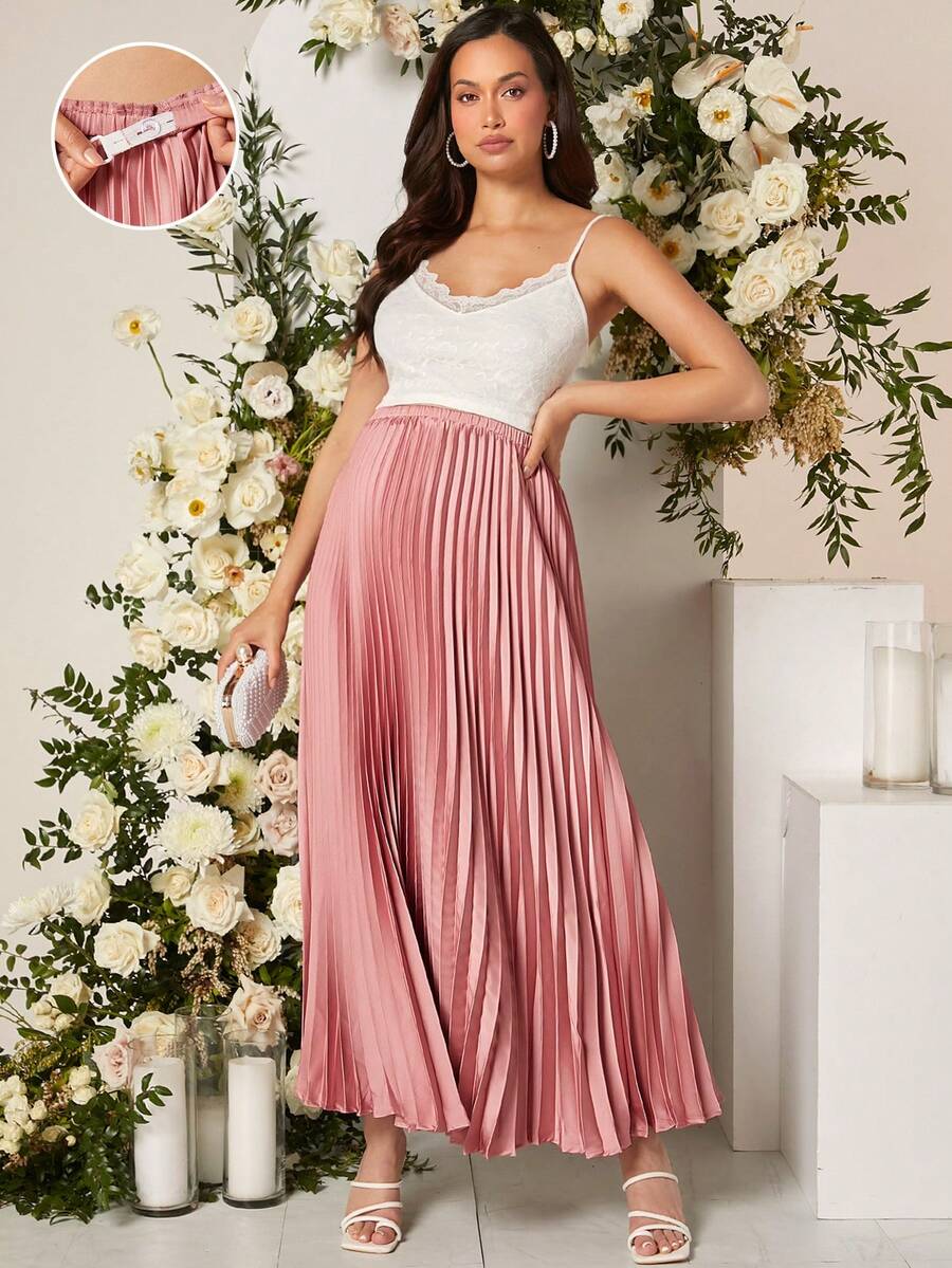 SHEIN Maternity Adjustable Waist Pleated Skirt - Baby Pink - View 1