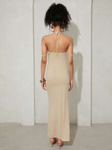 SHEINNeu 前收褶後背繫帶繞頸連衣裙 - 米色 - 查看 2
