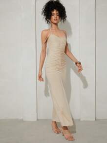 SHEINNeu 前收褶後背繫帶繞頸連衣裙 - 米色 - 查看 5