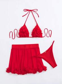 Vaytide 2pcs Women Summer Beach Solid Color 3D Floral Decor Halter Tie Sexy Bikini Swimsuit Set With Cover-Up & Skirt - Red - View 4
