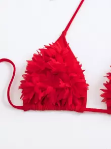 Vaytide 2pcs Women Summer Beach Solid Color 3D Floral Decor Halter Tie Sexy Bikini Swimsuit Set With Cover-Up & Skirt - Red - View 5