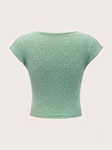 SHEIN ICON 網眼刺繡蝙蝠袖露背T恤 - 綠色 - 查看 2