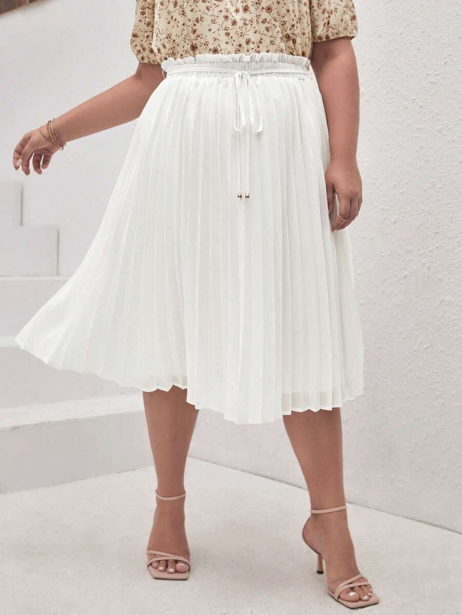 SHEIN Frenchy Váy Plus Size Thắt lưng Xếp li Quần paper-bag màu trơn Giải trí - trắng - Xem 1