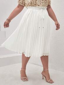 SHEIN Frenchy 大碼紙袋腰腰帶百褶半身裙 - 白色 - 查看 5