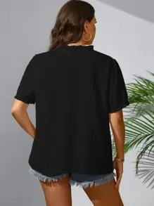 SHEIN Unity Plus Notched Neckline Puff Sleeve Blouse - Black - View 2