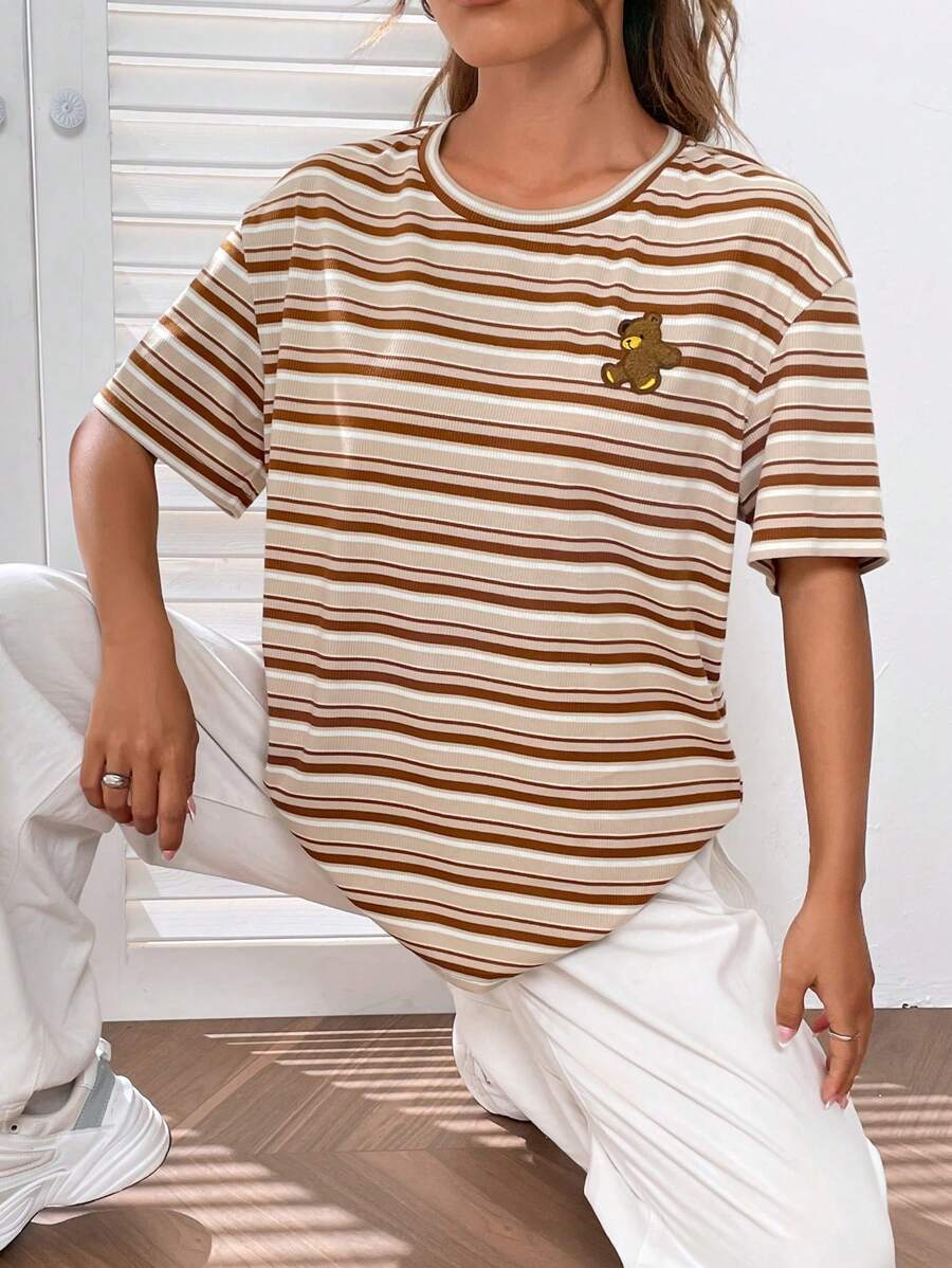 SHEIN EZwear 條紋圖案和卡通圖案落肩T恤 - 彩色 - 查看 1
