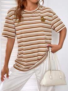 SHEIN EZwear 條紋圖案和卡通圖案落肩T恤 - 彩色 - 查看 4