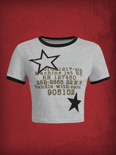 Slogan Star Graphic Contrast Binding Tee