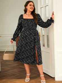 SHEIN Frenchy 大碼滿版印花荷葉袖高衩連衣裙