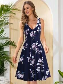 印花A字洋裝 - 藏蓝色 - 查看 1