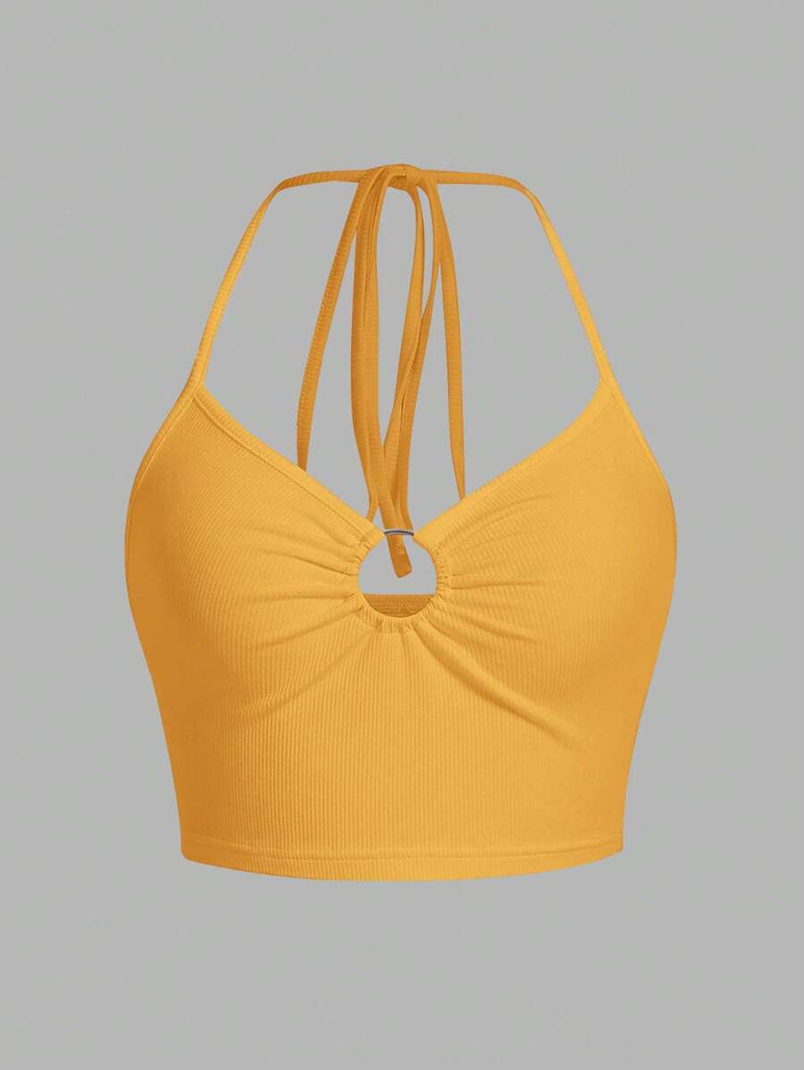 SHEIN ICON 環鏈後背繫帶掛脖上衣 - 黃色 - 查看 1