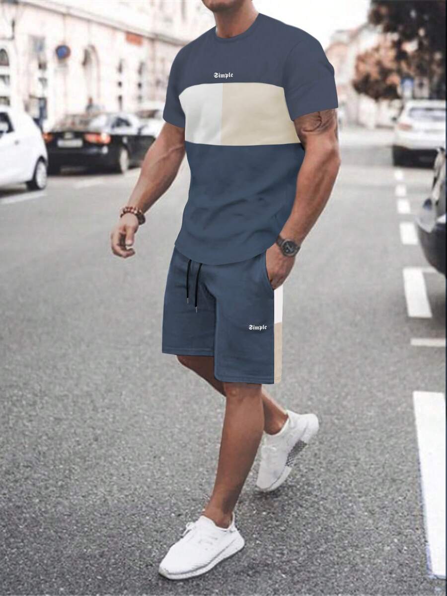 Manfinity Homme Men Letter Graphic Colourblock Tee & Drawstring Waist Shorts - Grey - View 1