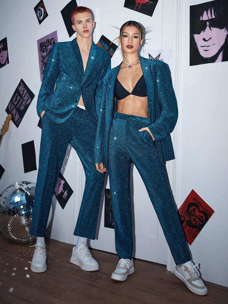 SWAVVY 1pc Glitter Blazer & 1pc Pants - Teal Blue - View 1
