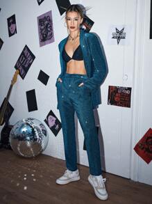 SWAVVY 1pc Glitter Blazer & 1pc Pants - Teal Blue - View 3