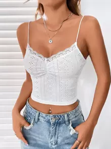 SHEIN EZwear Summer Going Out Eyelet Embroidery Lace Trim Ruched Bust White Cami Top - White - View 2