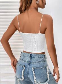 SHEIN EZwear Summer Going Out Eyelet Embroidery Lace Trim Ruched Bust White Cami Top - White - View 3