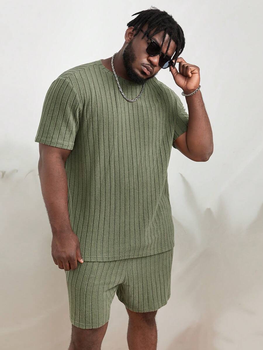 EASEVO Men Plus Solid Ribbed Knit Tee & Shorts - Army Green - View 1