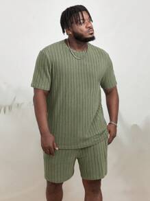 EASEVO Men Plus Solid Ribbed Knit Tee & Shorts - Army Green - View 3