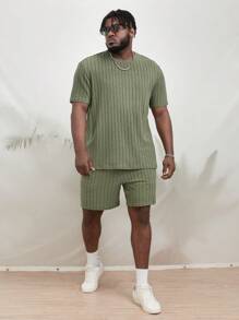 EASEVO Men Plus Solid Ribbed Knit Tee & Shorts - Army Green - View 6