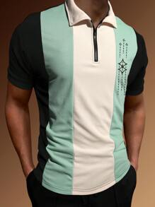 Manfinity Homme Áo thun có cổ Nam Dây kéo Khối Màu Lá thư Giải trí - Nhiều màu - Xem 1