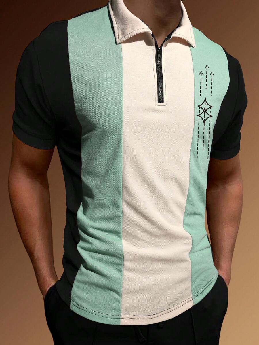 Manfinity Homme Áo thun có cổ Nam Dây kéo Khối Màu Lá thư Giải trí - Nhiều màu - Xem 1