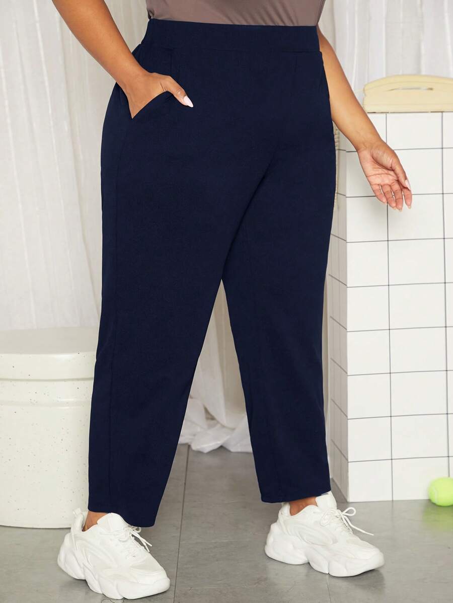 SHEIN CURVE+ Plus Solid Slant Pocket Trousers - Navy Blue - View 1