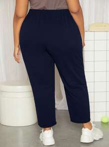 SHEIN CURVE+ Plus Solid Slant Pocket Trousers - Navy Blue - View 2