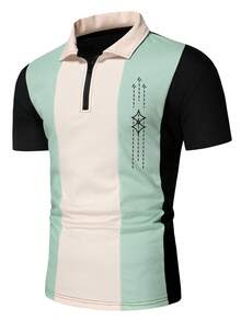 Manfinity Homme Áo thun có cổ Nam Dây kéo Khối Màu Lá thư Giải trí - Nhiều màu - Xem 6