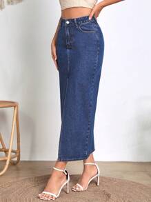 SHEIN Frenchy 高腰高衩牛仔半身裙 - 深色水洗藍 - 查看 4