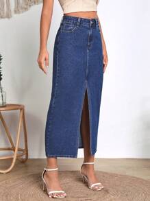 SHEIN Frenchy 高腰高衩牛仔半身裙 - 深色水洗藍 - 查看 5