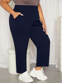 SHEIN CURVE+ Plus Solid Slant Pocket Trousers - Navy Blue - View 4