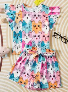 SHEIN Chicas Conjunto de pijama con estampado de dibujos animados ribete con fruncido con cinturón - Multicolor - Ver 1