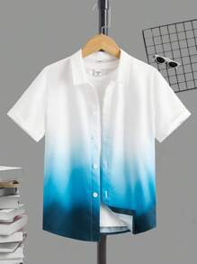 SHEIN Áo sơ mi Trai Nút phía trước Ombre Giải trí - Xanh và trắng - Xem 1