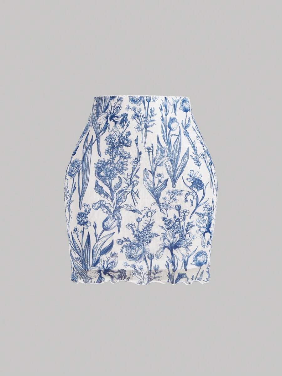 SHEIN MOD Váy nữ Xù nhỏ Hoa Boho - Xanh và trắng - Xem 1