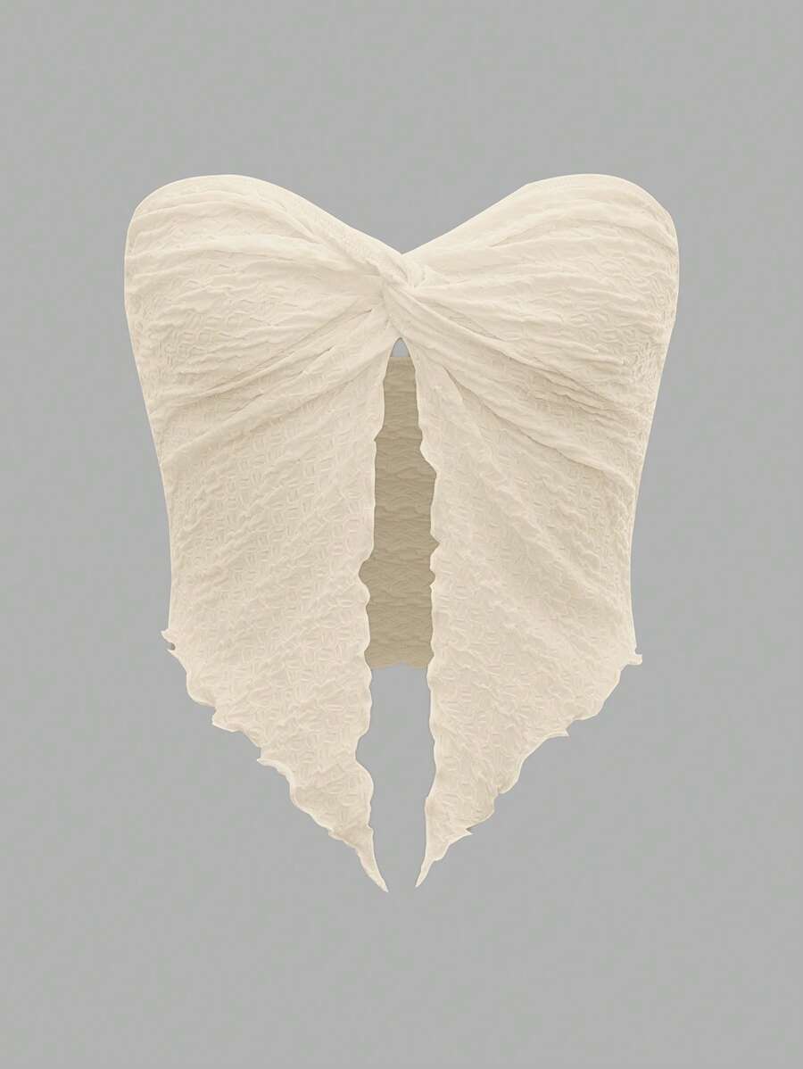 SHEIN ICON 前扭結木耳邊下擺開叉抹胸上衣 - 米色 - 查看 1