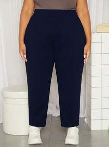 SHEIN CURVE+ Plus Solid Slant Pocket Trousers - Navy Blue - View 5