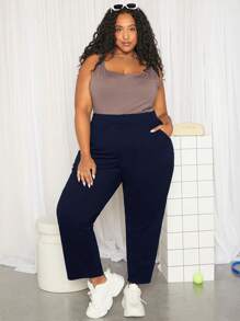SHEIN CURVE+ Plus Solid Slant Pocket Trousers - Navy Blue - View 6