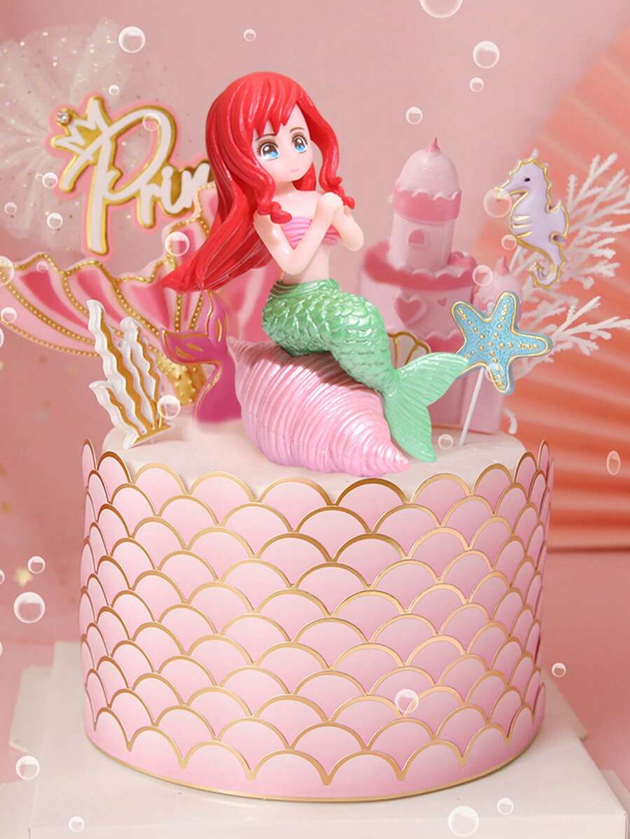 1件套塑膠蛋糕卡通美人魚設計蛋糕裝飾適合派對 - 彩色 - 查看 1