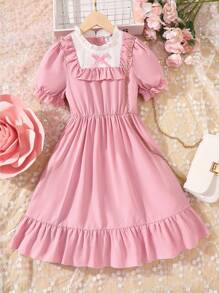 Chicas Vestido de cuello con fruncido de manga farol bajo con fruncido - Rosa - Ver 1