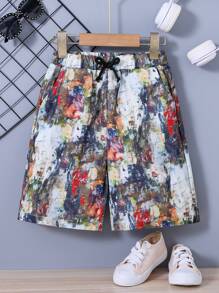SHEIN Boys Graphic Print Knot Front Shorts - Multicolor - View 1