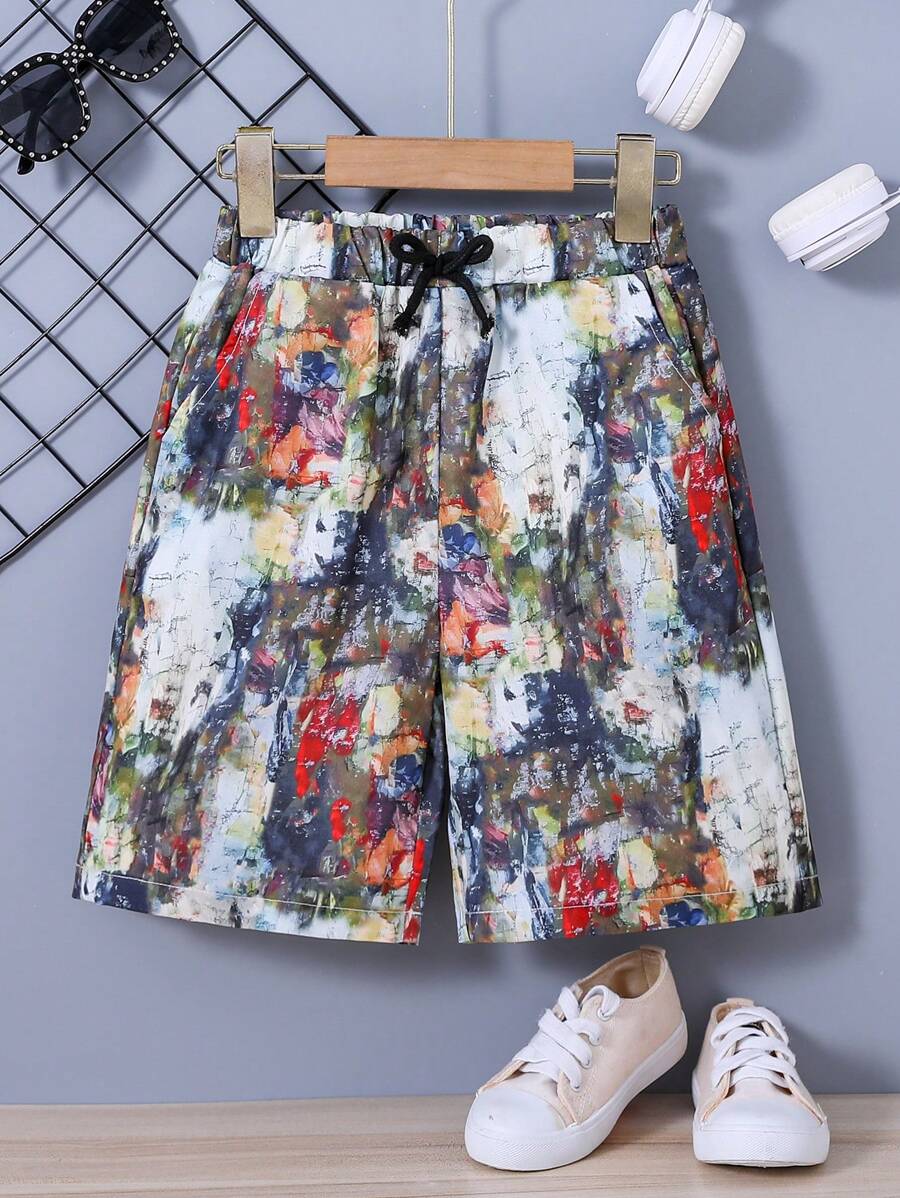 SHEIN Boys Graphic Print Knot Front Shorts - Multicolor - View 1