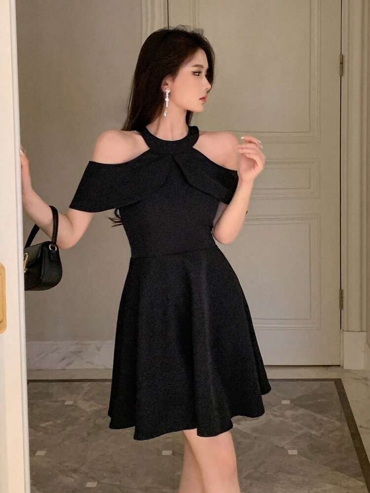 Solid Ruffle Trim Cold Shoulder Dress, Birthday ,New Year Eve Prom Dress Sundress,Casual Women Dresses Elegant Women Dresses Carnival