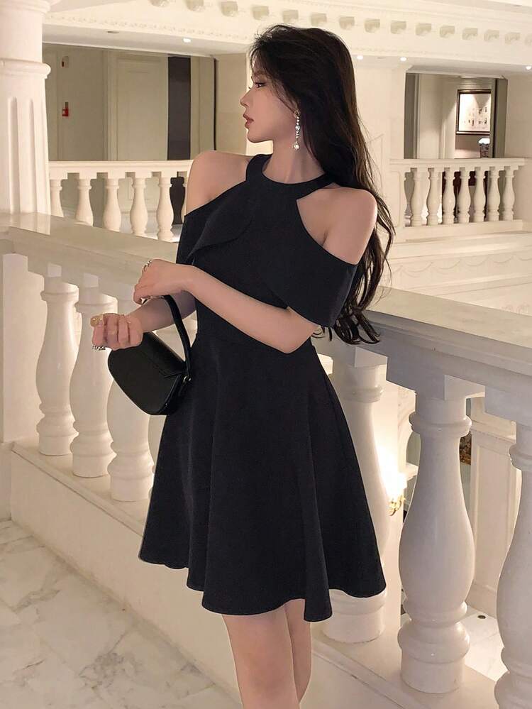 Solid Ruffle Trim Cold Shoulder Dress, Birthday ,New Year Eve Prom Dress Sundress,Casual Women Dresses Elegant Women Dresses Carnival