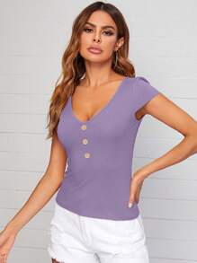 SHEIN LUNE Camiseta ajustada con botón delantero tejido de canalé - Lila Púrpura - Ver 3