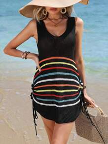 SHEIN Swim 條紋圖案側抽繩露背側打結罩衫洋裝不附比基尼