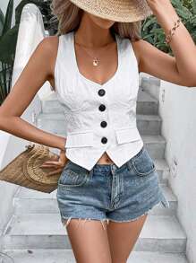 SHEIN VCAY 前紐扣翻蓋細節馬甲西裝外套 - 白色 - 查看 3