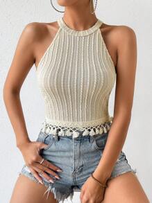 Breezaya Tassel Trim Halter Top - Apricot - View 5