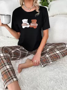 Cartoon Graphic Tee & Plaid Trousers PJ Set - Black - View 1