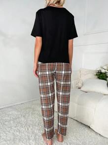 Cartoon Graphic Tee & Plaid Trousers PJ Set - Black - View 2