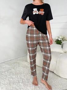 Cartoon Graphic Tee & Plaid Trousers PJ Set - Black - View 3